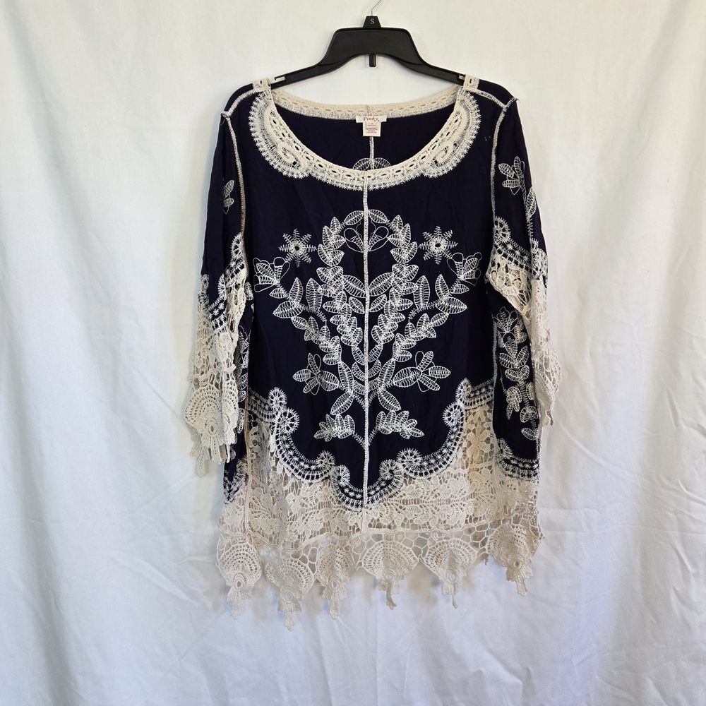 Pinky Women's‎ Navy Ivory Embroidered Crochet Lace Boho Summer 3/4 Sleeve Top 1X